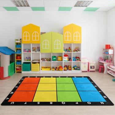 Imagem de Tapetes para sala de aula, tapete infantil de 1,5 x 1,8 m com suporte de borracha, quadrados coloridos com letras, tapete para sala de aula, tapete para berçário, sala de jogos pré-escolar, 12 lugares