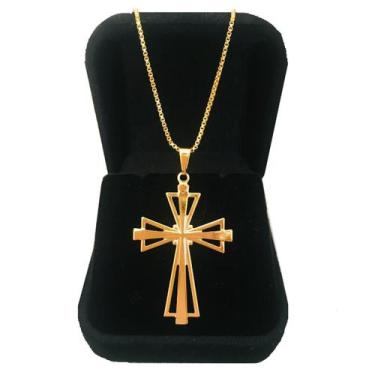 Imagem de Cordão Corrente 60 cm Masculino Pingente Cruz Crucifixo Vazada Folhead
