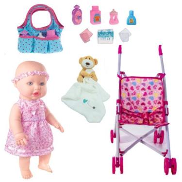Imagem de Kit Boneca Faz Xixi de Verdade + Naninha Carrinho e Bolsinha - Milk Br