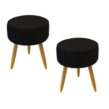 Imagem de Kit 02 Puffs Banqueta Redondo Classic Suede Preto Pés Madeira Palito -