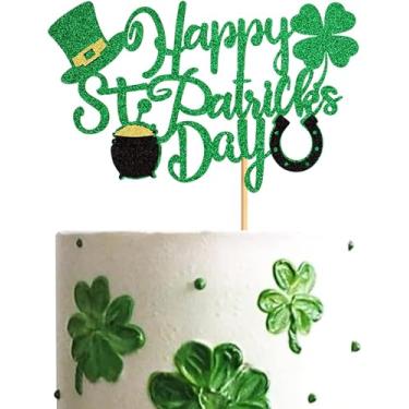 Imagem de Ercadio 1 pacote com topos de bolo Happy St Patrick's Day, palitos de bolo feliz dia de São Patrício com chapéu verde de quatro folhas para decoração de bolo de chá de bebê de aniversário de São