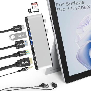 Imagem de Estação de ancoragem Surface Pro 11 10 9 com HDMI 4K, USB-C Thunderbolt 4 (vídeo 8K + 40 Gbps + alimentação de 100 W), Ethernet 100M, USB 3.0, slot para cartão SD TF, áudio de 3,5 mm, tela tripla para