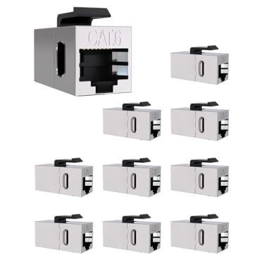Imagem de VANDESAIL Pacote com 10 acopladores Keystone blindados Cat 6, conectores Keystone Cat6 fêmea para fêmea RJ45, acoplador de placa de parede Ethernet em linha Keystone para Cat6, Cat5e, Cat5 prata