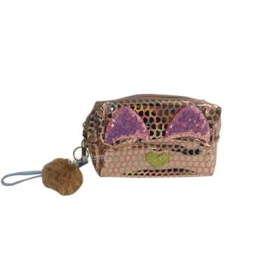 Imagem de Necessaire Organizadora Holográfica Gatinho Com Chaveiro de Pompom - G