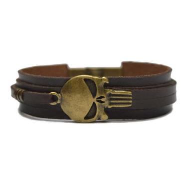 Imagem de Pulseira Couro Justiceiro - Vorax Acessórios, Marrom, GG - 20cm a 20,5