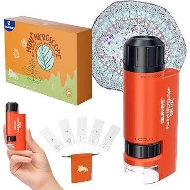 Imagem de QUNSE Microscópio de bolso LED de 60 x 120 x para crianças, estudantes, 5 slides, mini microscópio portátil, embalagem de presente, Natal, aniversário (laranja)