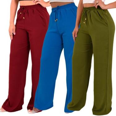 Imagem de Kit 3 Calça Pantalona Feminina Cintura Alta Tendência Larga Altíssima 