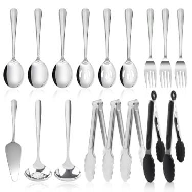 Imagem de Conjunto de talheres de servir, talheres de aço inoxidável, colheres grandes, com fenda, garfos, pinças, servidor de bolo, colher de sopa e escumadeira para buffet, catering, festa, jantar (prata)
