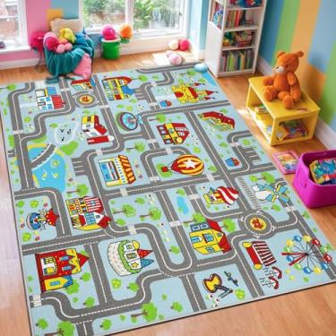 Imagem de Capslpad Tapete infantil para sala de jogos, azul celeste, tapete para brincar de carro de estrada, 2 x 1,5 m, tapete de área de aprendizagem educacional, tapete lavável para quarto de crianças,
