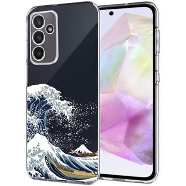 Imagem de Unov Capa compatível com Galaxy A35 5G transparente com arte Great Wave em relevo padrão TPU macio absorção de choque fina capa protetora traseira