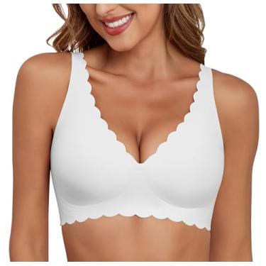 Imagem de Xcutting Sutiã sem fio com decote em V profundo, sem aro, sem aro, sem costura, pétala, ondulado, sutiã feminino com extensor, Branco, XGG