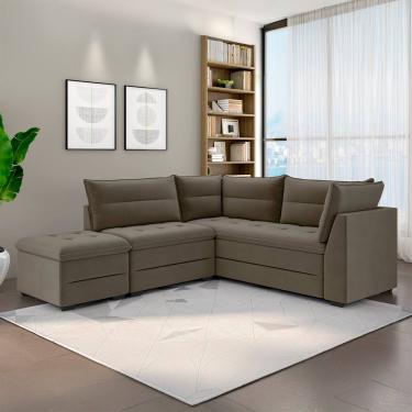 Imagem de Sofá Modular de Canto 4 Lugares Luizzi Quebec com Pufe e Revestimento em Suede – 408cm de Largura
