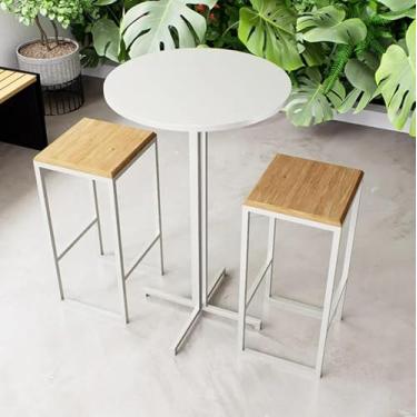Imagem de Conjunto Mesa Alta Bar Bistrô Redonda Branca 2 Bancos Pinus Industrial White
