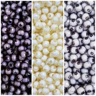 Imagem de 300 Miçanga Sextavada 6mm 3 Cores Bola Passante Facetada Missanga Pérola (Preto, Creme e Cinza)