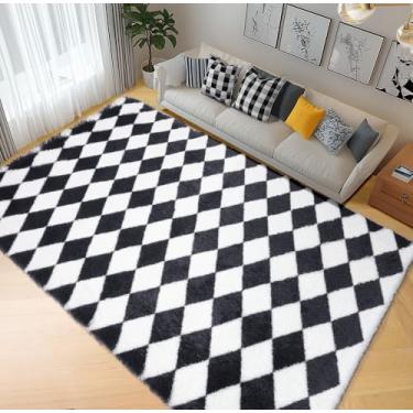 Imagem de ONASAR Tapetes pretos e brancos de 15 x 23 cm para sala de estar, tapete grande macio e felpudo felpudo de pelúcia, tapete felpudo moderno para quarto, tapete xadrez grande para crianças, meninos,