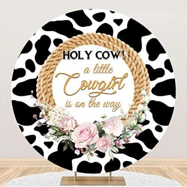 Imagem de Laeacco Pano de fundo redondo para chá de bebê vaqueira de 1,8 x 1,8 m, vaca sagrada, uma pequena vaqueira está a caminho, rosa, floral, fotografia, fundo selvagem oeste, é uma menina recém-nascida