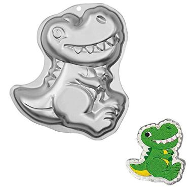 Imagem de MJQDCX Forma de bolo de dinossauro, forma de bolo de aniversário 3D infantil, prata, alumínio, molde de bolo de lata de aniversário DIY 305 x 255 x 50 mm