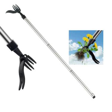 Imagem de Kiopsom Extrator de grama em pé, ferramenta extrator de ervas daninhas com bastão de aço inoxidável - Cabeça de aço de 4 garras - Design de poste secional - 100% metal - Remova facilmente ervas