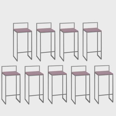 Imagem de Kit 09 Banquetas Alta Com Encosto Lino Industrial Balcão Bistrô Ferro Cinza mdf Madeira Rose Gold - Ahz Móveis