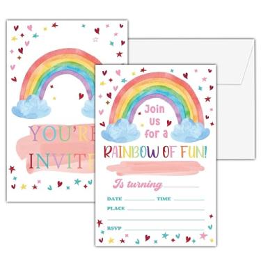 Imagem de Convites de aniversário arco-íris, 25 cartões de convites de festa divertidos de arco-íris de dupla face com 25 envelopes, convites de festa infantil suprimentos de decoração de celebração - A14