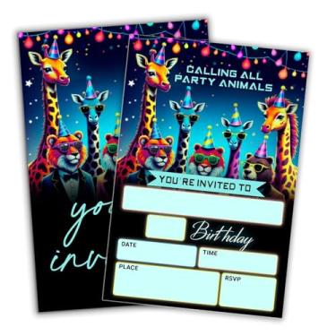 Imagem de JCVUK Cartão de convite de festa de aniversário neon - Chamando todos os animais de festa - Cartão de convite de preenchimento de 4 x 6 dupla face com 20 envelopes para meninos - Artigos de festa de
