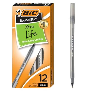 Imagem de BIC (R) Round Stic(R) Canetas esferográficas (R), ponta média, 1,0 mm, tubo translúcido, tinta preta, pacote com 12