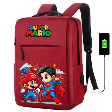 Imagem de Mochila Escolar Infantil USB Mario Super Man Estampada Para Notebooks,