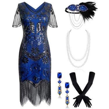 Imagem de Mukum Vestido feminino melindrosa anos 20, vintage, com franjas, com lantejoulas, ótimo Gatsby, conjunto de vestidos anos 20 para festas de Natal, Azul e preto, P