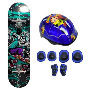Imagem de Skate Infantil Cachorro 50 Kg + Kit Proteção Completo Desenho Azul - F