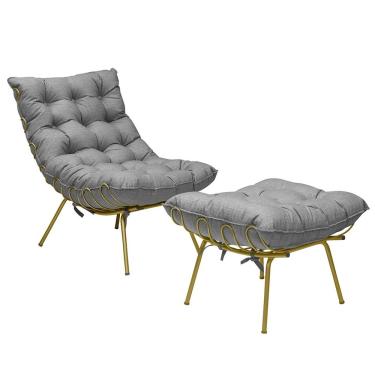 Imagem de Poltrona e Puff Abel Base de Ferro Dourada Linho Cinza