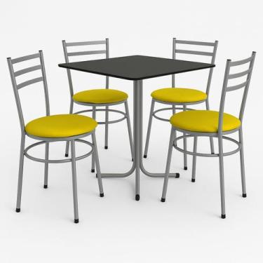 Imagem de Mesa de Jantar Quadrada 70cm Preta Com 4 Cadeiras Estofada Cinza - Lam