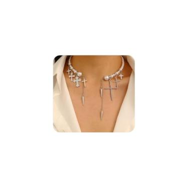Imagem de Colares góticos com cruz de pérola para mulheres, colar gargantilha com pingente de crucifixo de cristal de prata retrô, colares empilháveis de pérolas grossas, presentes de batismo, Large, Liga de