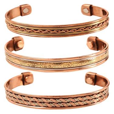 Imagem de INDTRESOR Pulseira magnética de cobre estilo tibetano. Forjada à mão com corrente sólida e de alto calibre motivos em ziguezague sol cobre puro. Conjunto de 3 designs diferentes em 3 metais.