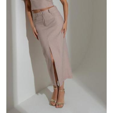 Imagem de Saia midi susie com fenda jeans  - Susie Modas, G, Bege
