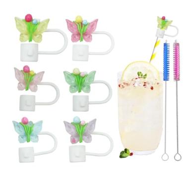 Imagem de 6 peças 6-8 mm capa de palha borboleta flor para copo Stanley, cobertura de palha à prova de poeira para copos de 30 e 1,134 g e garrafas de água, acessórios reutilizáveis para copos Stanley