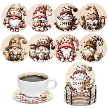 Imagem de Sitsink Porta-copos de pintura de diamante de gnomo de café – 8 peças faça-você-mesmo Gnomo Diamond Art Coasters Kit de artesanato para iniciantes e adultos para presentes de aniversário, suprimentos