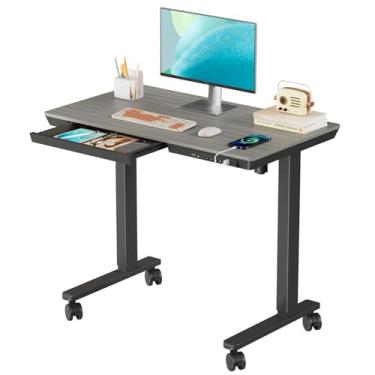 Imagem de JYLH JOYSEEKER Mesa pequena de pé com gaveta, mesa de mesa elétrica de 89 cm x 50 cm, mesa de mesa elétrica com altura ajustável com portas de armazenamento e USB, mesa de computador de escritório