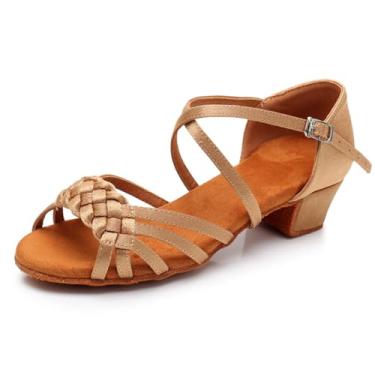 Imagem de MSMAX Sapato De Dança Latina Para Meninas, Salto Baixo, Sandálias Salão, Tan 3,5 M Eua, Criança Grande