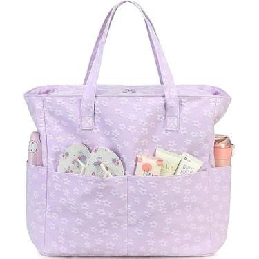 Imagem de Sacola de praia à prova d'água para mulheres, mulheres, extragrande, bolsa de ginástica, bolsa de mão com compartimento molhado para viagens de fim de semana, Flocos de neve roxos, X-Large, E2032