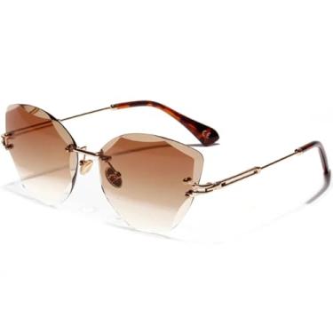 Imagem de Óculos de sol retrô de metal tipo olho de gato, sem aro, gradiente, moderno, com lentes claras e diamante, UV400 (chá de leopardo)