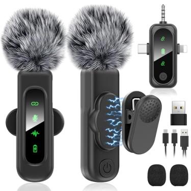 Imagem de Microfones de lapela 3 em 1 sem fio para dispositivos iPhone/Android/câmera, pacote com 2 microfones de lapela magnéticos, mini microfone com silencio/reverberação/redução de ruído para YouTube/Vlog