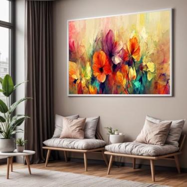 Imagem de Quadro com Moldura Sala Quarto Abstrato Floral Colorido Arte Decorativo Horizontal Grande Hall