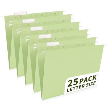 Imagem de Pacote com 25 pastas de arquivo verdes penduradas, tamanho carta (21,6 cm x 28 cm), inclui 35 cartões de etiquetas transparentes e 50 etiquetas adesivas, abas de corte 1/5 para organização de casa e