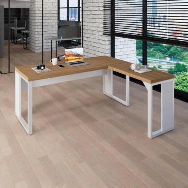 Imagem de Mesa L para Escritório Industrial Minimalista Home Office MDP Pés em Metal (Macadâmia com Branco)