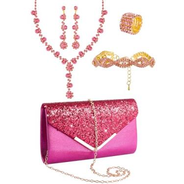 Imagem de Henoyso Conjunto de 5 peças de joias de strass para formatura, joias, strass, bolsa, colar, brincos, pulseiras para mulheres noivas