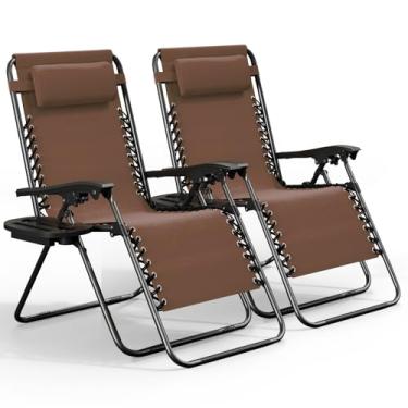 Imagem de Nestl Conjunto de 2 cadeiras de gravidade zero, espreguiçadeira de pátio ao ar livre com travesseiros e bandejas de suporte de copo, cadeira de acampamento reclinável de malha de aço ajustável