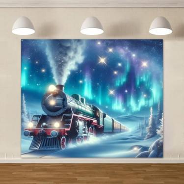 Imagem de Pano de fundo de trem de Natal 3 x 2,4 m Tecido Inverno País das Maravilhas Trem Decoração de Festa Feliz Natal Pano de Fundo Fundo Fundo de Papai Noel Ferrovia Crianças Natal Festa Aniversário Fotos