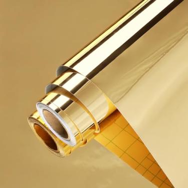 Imagem de Wallercity Papel de contato espelhado dourado brilhante Papel de parede autoadesivo metálico à prova d'água adesivos de espelho de vinil flexíveis para bancadas, cômodas, artesanato, forro de