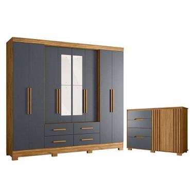 Imagem de Guarda Roupa Casal San Lorenzo Com Espelho E Cômoda Texas Freijó Cinza – Moval