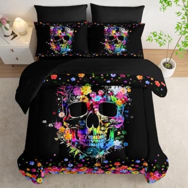 Imagem de AILONEN Jogo de edredom Queen com estampa 3D de caveira de açúcar e estampa 3D em uma bolsa, edredom macio com estampa floral de rosas esqueleto e lençol com elástico com lençol de cima, 2 fronhas, 2